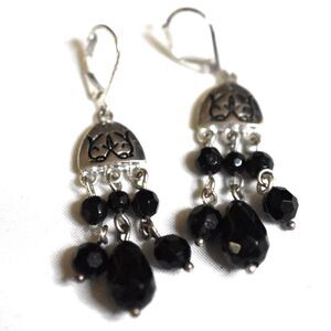 Stunning Umbrella Chandelier Black Cut Beads Etched Silver Tone Dangle Earrings